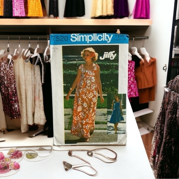 Vintage Simplicity 7520 Sewing Pattern for Jiffy Dress in 2 lengths and Tote Bag - Picture 1 of 3